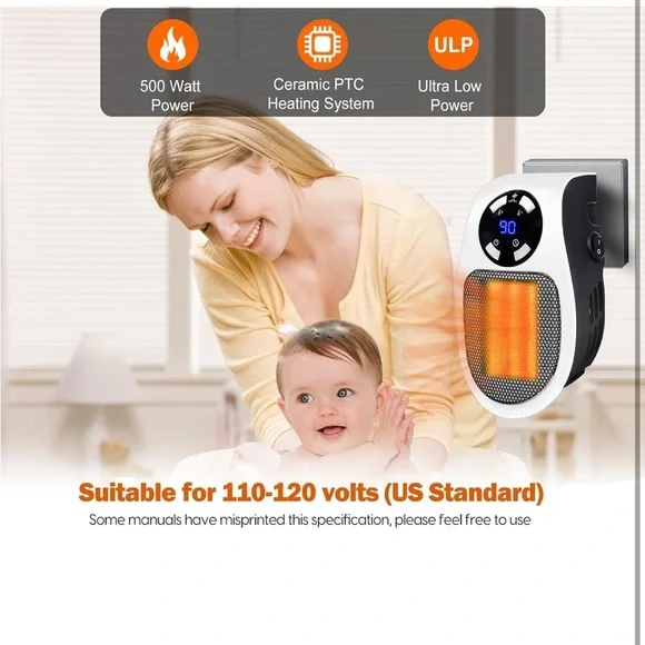 Compact Wall-Mounted Electric Heater - Black and White - Picture 2 of 11